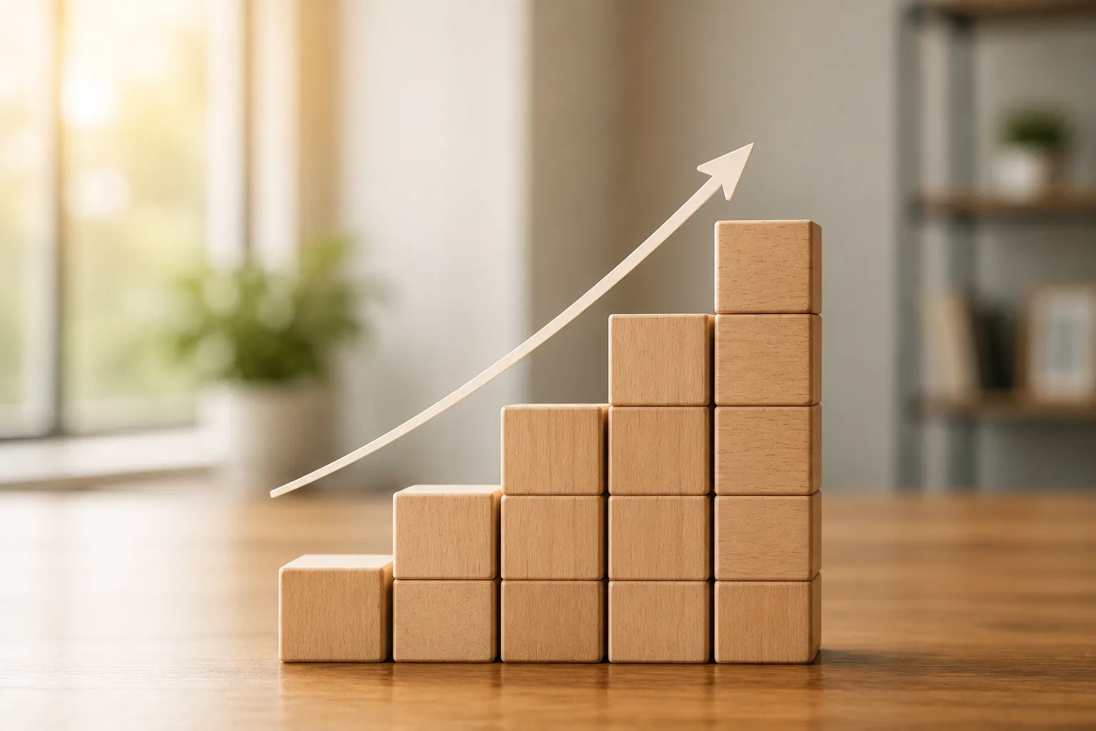 Wooden blocks rising like a bar chart, showing SEO growth over the first months