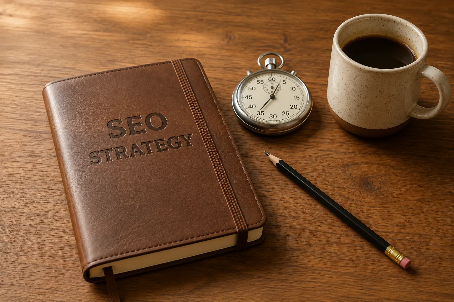 SEO strategy notebook beside a stopwatch, showing that SEO results take time