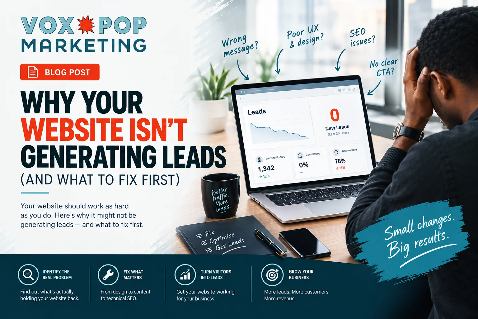 Business owner reviewing a website not generating leads